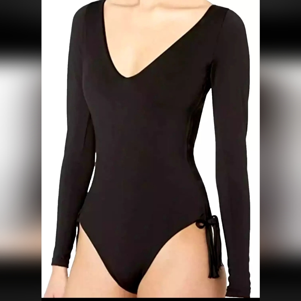 NWOT Bikini Lab Black Long Sleeve One Piece Swimsuit Side Scrunch Tassels